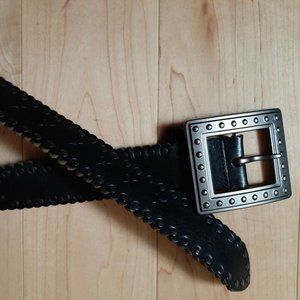 Vintage J C TRIGON Studded Black Leather Belt / Silver Studded Buckle L 44